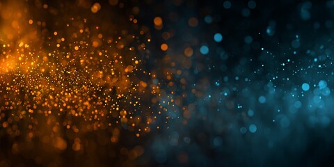 abstract bokeh lights on a dark background, with orange and blue colors, and glowing particles.