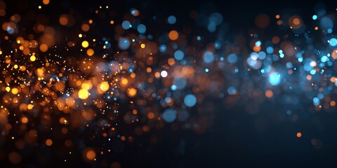 abstract bokeh lights on a dark background, with orange and blue colors, and glowing particles.