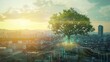 tree with digital roots spreading into a shenzhen city, where professionals use secure devices to access global economic models and green initiatives.
