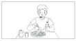 © The - Line art illustration of a cheerful young man enjoying a balanced and nutritious meal with a refreshing drink at a table, promoting healthy eating and mindful dining habits