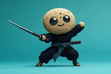 Cute anthropomorphic cookie ninja character on teal background