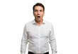 © okayon - Astonished man in white shirt expressing extreme surprise on clean background