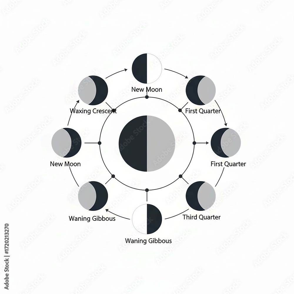 Explore the lunar cycle with this diagram of moon phases showing new ...