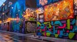 © Kick - A vibrant urban alleyway adorned with colorful graffiti murals, bold street art, and glowing string lights, showcasing creative expression, community culture, and the dynamic energy of city life at du