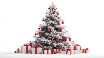 Wall Mural - christmas tree with white snow one and red ornaments in the all white background with giftboxes under the tree