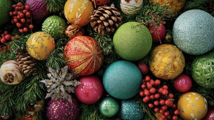 Wall Mural - colorful christmas ornaments and decorations on a festive green pine arrangement capturing holiday spirit in wintertime