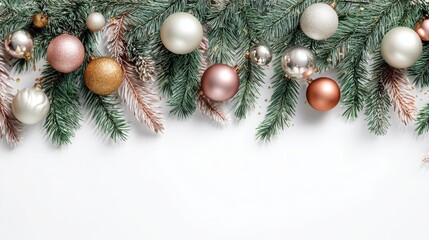 Wall Mural - a flat lay with a christmas decoration border of ornaments and fir branches on a white background in switzerland
