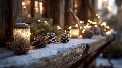 Wall Mural - winter holiday decor with snow pinecones and glowing lights creating a cozy atmosphere in a rustic setting