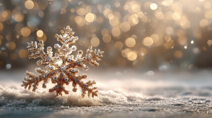 Wall Mural - shining snowflake on snowy surface with festive golden bokeh background