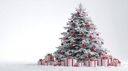 Wall Mural - christmas tree with white snow one and red ornaments in the all white background with giftboxes under the tree