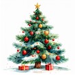© Vader Stocker - Watercolor Christmas Tree with Red and Gold Ornaments and Star Topper on White Background