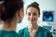 © Vera - Young woman confidently poses for a photo in front of a mirror during a neck ultrasound examination at the hospital.