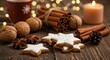 © natural - Star Shaped Christmas Cookies with White Icing, Walnuts, Pinecones, and Cinnamon Sticks in Warm Holiday Setting