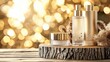 © Heorhi - Elegant skincare products displayed on a wooden surface with a sparkling golden background during a festive season