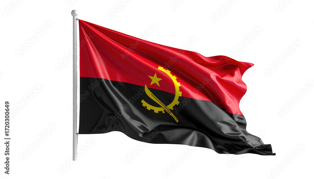 A detailed depiction of the waving flag of Angola, showcasing vibrant ...