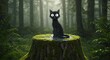 © Interactive Arts - A wide-eyed black cat sits perfectly centered on a moss-covered tree stump while gentle rain falls in a misty enchanted forest, producing a mysterious and atmospheric scene suitable for fantasy, Hallo