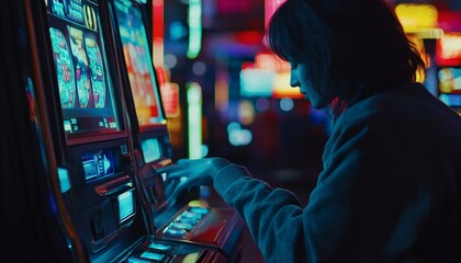 A young woman with dark hair is shown from the side, actively playing a slot machine in a casino setting with vibrant colorful lights.
