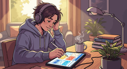 Smiling person in headphones and hoodie designing UI/UX layouts on a digital tablet with stylus