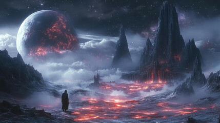 Wall Mural - A spaceman walking through a dramatic and atmospheric landscape depicting a dark alien world