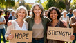 © INVO - Three smiling women holding signs reading hope and strength surrounded by a crowd of people outdoors