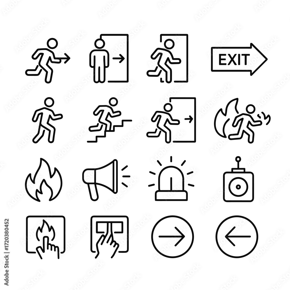 building-evacuation-safety-icons-outline-symbols-line-design-stock