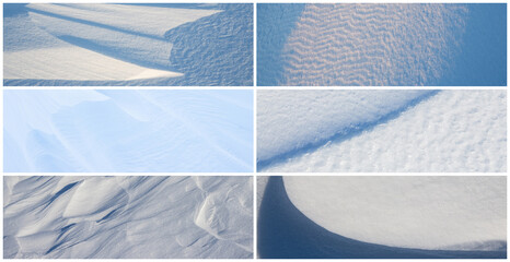 Wall Mural - Set of snow textures. Collection of panoramic winter backgrounds with snowy ground. Beautiful wide panoramas with natural textures of clean fresh snow and wind-sculpted patterns on a snowy surface.