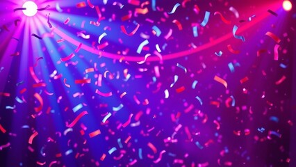 Wall Mural - A festive and colorful party with flying neon confetti on a purple red and blue background