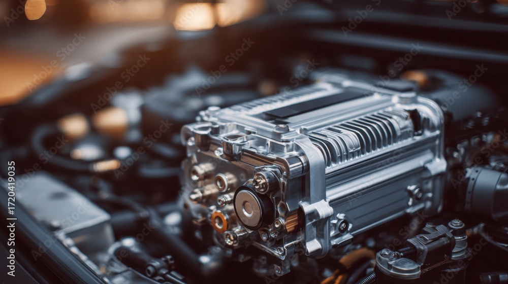 Closeup of hybrid electric vehicle converter installed in engine bay ...