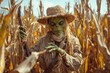 © MEGASTOCK IV - Creepy Scarecrow Monster in Rural Cornfield: Halloween Fantasy Character with Green Skin and Straw Hat