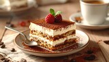 Delicious Tiramisu Dessert on Rustic Wooden Table