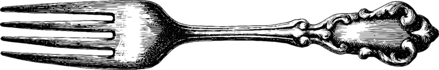 Vintage fork with ornate handle illustration for culinary art decor