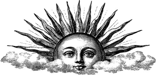 Wall Mural - Vintage hand drawn sun illustration with radiant beams and clouds