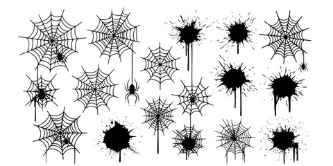 Wall Mural - Black and white stencil tattoo collection featuring ink splatter and spider web designs 