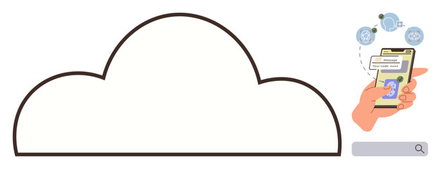 Large cloud outline, mobile phone syncing data, icons for storage and connectivity. Ideal for cloud technology, data management, online storage, information exchange, cybersecurity, app integration