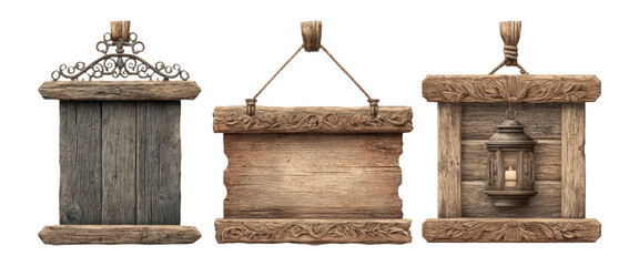 Vintage Wooden Frames with Decorative Elements and a Transparent Background