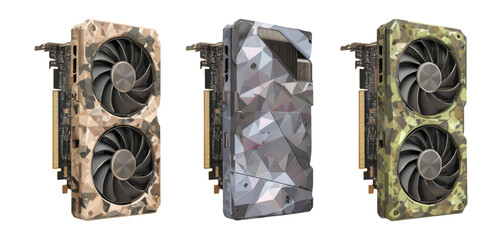 Three Stylish Graphics Cards in Various Designs and Textures on Transparent Background