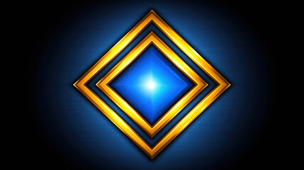 Wall Mural - Bright geometric diamond shape with golden frames and blue center glowing against a dark background in a modern artistic style