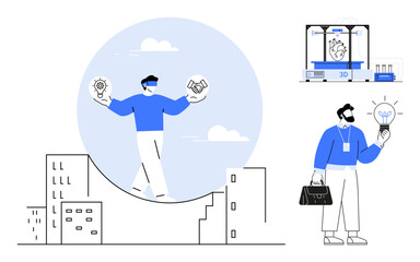 Wall Mural - Man walking on graph holding icons for ideas and partnerships, 3D printer with heart design, another man inspecting lightbulb. Ideal for business, innovation, creativity, teamwork, leadership