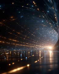 Wall Mural - Digital Tunnel of Light: A mesmerizing digital art piece, it captures a tunnel of vibrant light streaks. With a polished floor. Evoking a sense of speed and advanced technological innovation.
