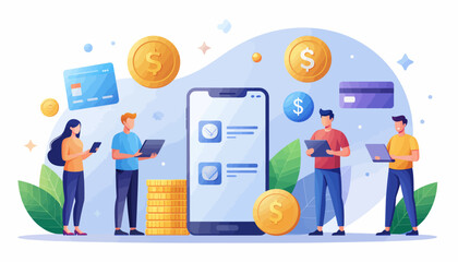 Online banking illustration with people using mobile devices and laptops to manage finances.