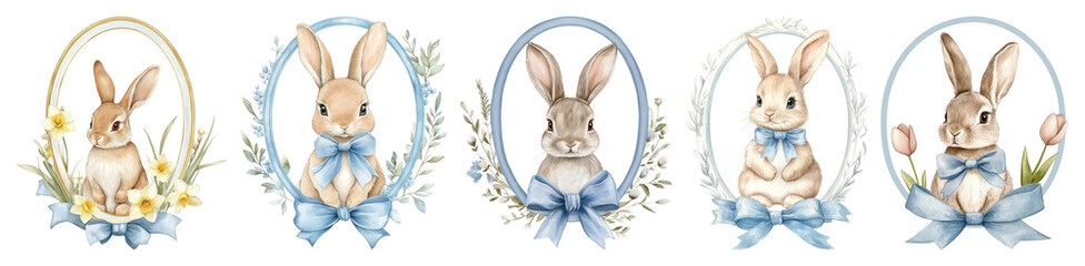 Wall Mural - PNG Cute bunnies with blue bows, element set on transparent background
