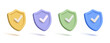 © Yaroslav - Set of colored shields with check mark, 3D. Modern icons for concepts of protection, security, reliability, verification, technology, science, education. Vector illustration.