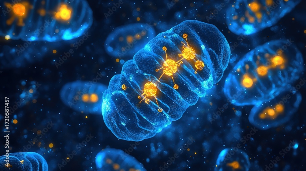 Microscopic dreamlike view inside a cell, with mitochondria as tiny ...