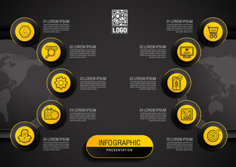 Wall Mural - 10 steps infographic layout Black and yellow color for horizontal presentation, timeline, workflow and business report. Illustration template. Not generated by AI.