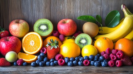 Wall Mural - Vibrant Fruits Apples, Bananas, Berries, Kiwi, Lemons & Oranges on Rustic Wood