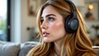 © Chaithat - Young woman with long blonde hair enjoying music at home indoor setting lifestyle portrait relaxing mood