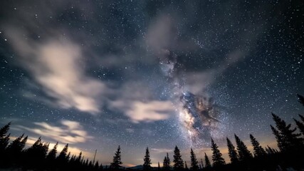Wall Mural - Whispy clouds drift gently across the frame as the stunning Milky Way galaxy remains vibrant in a tranquil night timelapse heavenly, astrophotography, celestial
