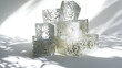 © Hina - A perfectly balanced pile of ice cubes, each showing intricate frozen patterns, isolated on white with light creating intricate shadows,