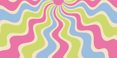 Wall Mural - Groovy retro sun burst swirl and sunshine elements in a wavy pink background. Sun ray pattern with y2k style, bright graphic burst for modern abstract and vintage uses, horizontal orientation.