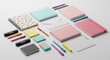 © Maria - Quaderno rosa pastelli colorati luce morbida ufficio elegante. AI Generated